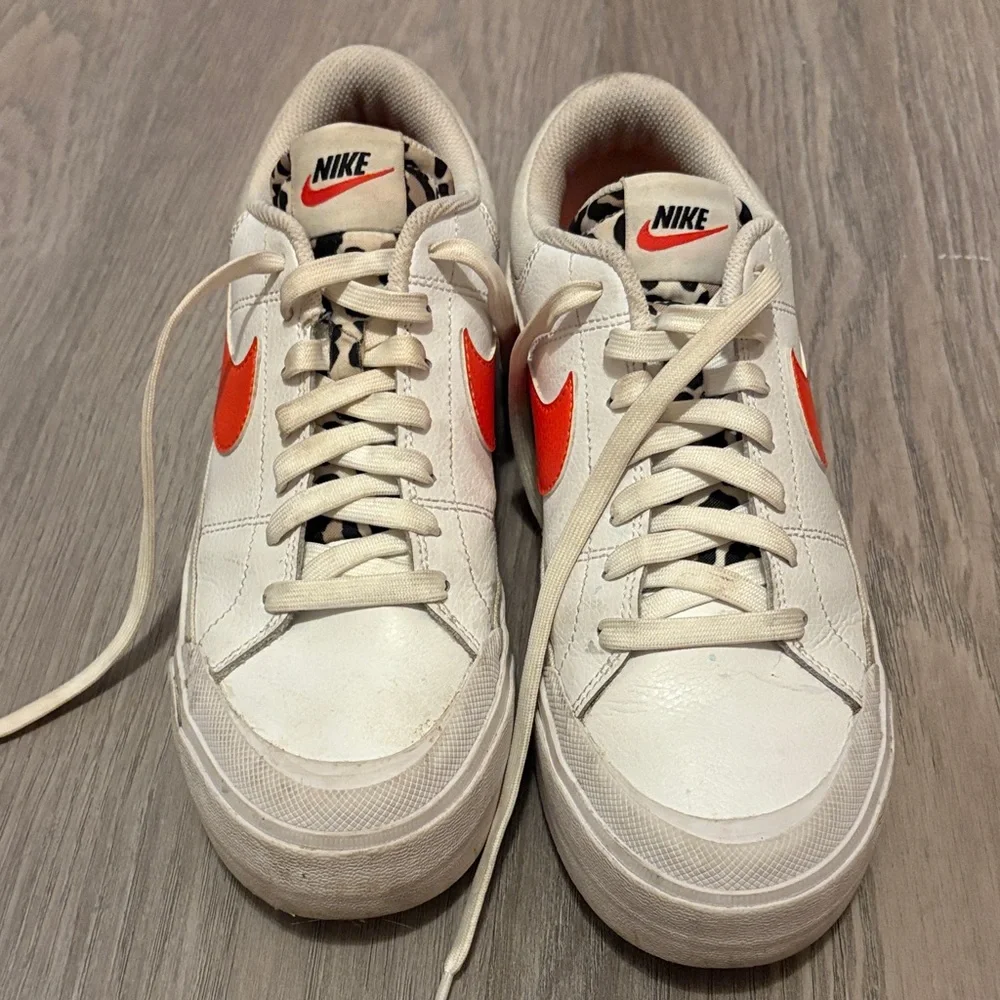 Nike White Platform Sneakers with Orange Swoosh leopard print tongue - Picture 2 of 5